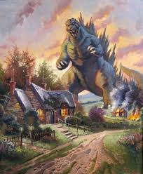 Thomas Kinkade Meets Godzilla Kinkade Paintings Thomas Kinkade Paintings Godzilla Vs