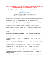 List of Orphan Children whose Fathers have been killed in Action, or have  died from Wounds received or Disease contracted