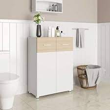 Meuble haut salle de bain : Meuble De Salle De Bain Sur Pied Meuble De Rangement Armoire A Double Porte 60 X 30 X 82 Cm Blanc Et Couleur Chene Bbk43wn Avec Etageres Reglables Et Roulettes Vente De Vasagle Conforama