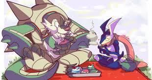 Z0mbiraptor Greninja And Chesnaught Are Having A Picnic I Got The Idea While I Was Talking To My Friends Crown And Mist Pokemon Cute Pokemon Pokemon Species