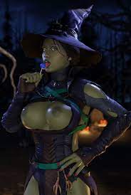 1girls 3d 3d (artwork) abs athletic athletic female big breasts  blender breasts brown hair female green eyes green skin halloween holidays  jade (mortal kombat) jade (wicked witch) licking licking