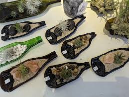 Beer Bottle Dish With Pink Stones and Airplant and Small Stone Elephant