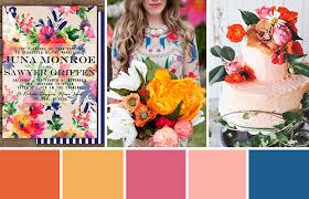 Pink and orange palettes with color ideas for decoration your house, wedding, hair or even nails. Colourful An Eclectic Orange Pink And Blue Wedding Colour Palette