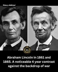 Abraham Lincoln in 1861 vs 1865 shows a 4 year difference during wartime.  Lincoln once said, “I am a tired man. Sometimes, I think I am the tiredest  man
