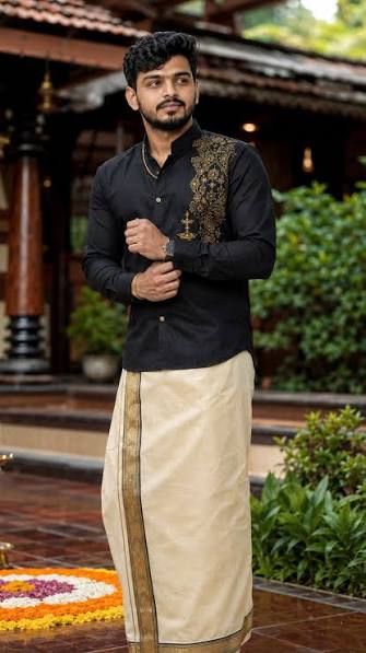 Black Embroidered Shirt and Veshti Portrait