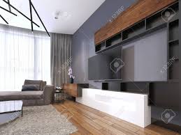 Generally the rule is that your coffee table should be the same height as your couch's seat (give or take one to two inches, but not any lower). Tv Storage With Shelves In Modern Living Room With Corner Big Sofa And Coffee Table And Carpet 3d Rendering Stock Photo Picture And Royalty Free Image Image 113376913