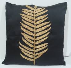 Black And Gold Art Deco Cushions This Design Is Inspired From The Art Deco Botanical Leaf Embelished With Gold Sequins This Cushion Cover Is In Black Pillows Silver Throw Pillows Leaf Design
