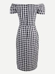 Black And White Checkered Bodycon Dress Checkered Bardot Ruched Sleeve Slim Dress Shein Sheinside Slim Dresses Dresses Favorite Dress