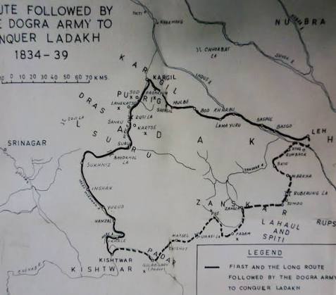 General - A map showing routes followed by the Dogra Army under General Zorawar Singh to conquer Ladakh from the year 1834-1839. 1) One route was from Kishtwarh via Warwan valley over