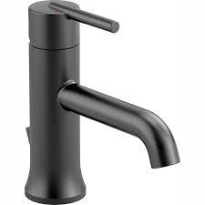 We carry 2 delta bathroom sink faucets with deck plate included to cover unused mounting hole in your sink. Delta Trinsic Single Hole Single Handle Bathroom Faucet With Metal Drain Assembly In Matte Black 559lf Blmpu The Home Depot Single Hole Bathroom Faucet Delta Trinsic Single Handle Bathroom Faucet