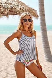 Stripe Strappy And Flower High Waisted Cute Two Piece Tankini Set In 2021 Tankini Set Women Swimsuits High Waisted Tankini