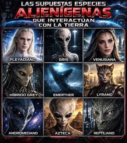 LAS ESPECIES ALIENÍGENAS QUE INTERACTÚAN CON LA TIERRA Desde hace décadas circulan relatos sobre supuestas especies extraterrestres que habrían visitado nuestro planeta. Pleyadianos, grises, reptilianos, seres de Andrómeda y otras entidades forman