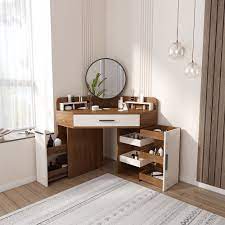 Corner Makeup Vanity With Drawer Side Cabinet Multifunctional Dressing Table Mirror Included Furniture For Small Spaces Home Room Design Dressing Table Design