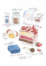 Fine Art Watercolor Original Illustration Print Layer Cake Recipe Butter Egg Berries Ingredients Cocoa P Recipe Drawing Food Illustrations Cute Food Art