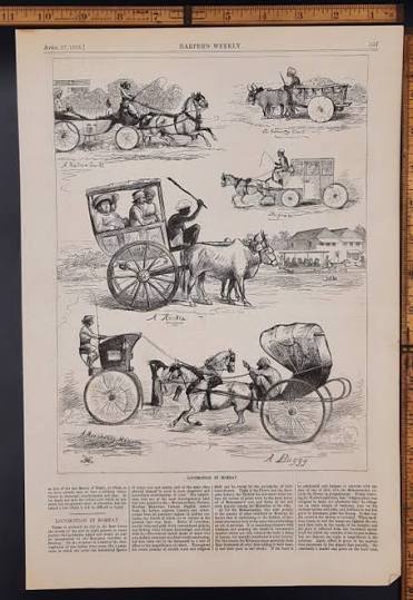 Locomotion in Bombay India: a buggy, merchant's Hansom, Reekla, Shigram, a native Swell and a country cart. Horses and cattle at work. Original Antique Print 1878. - AntiqueEngravings4U