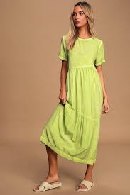 Cassina Washed Lime Green Short Sleeve Midi Dress In 2020 Midi Short Sleeve Dress Casual Summer Dresses Sundresses Summer Dresses For Women