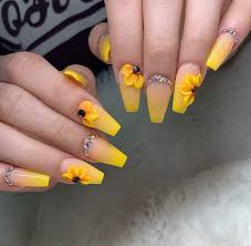 Coffin Shaped Black Sunflower Acrylic Nails Sunflower Nails Sunflower Nails Yellow Nails Summer Acrylic Nails