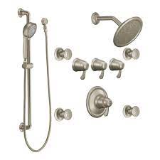 2 moenflo xl showerheads, arms and notifications. Moen 275bn Brushed Nickel Quad Handle Vertical Spa Trim With 4 Body Sprays And Hand Shower From The Exacttemp Collection Faucet Com