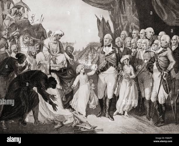 Lord Cornwallis receiving sons of Tipu Sahib as hostages in 1792 Stock Photo - Alamy