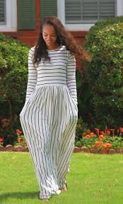 Grace Striped Long Sleeve Maxi Dress With White And Black Stripes And Hidden Side Pockets Modestfashion Maxi Dress Modest Dresses Striped Maxi Dresses