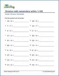 3rd grade math division grade 3. Grade 3 Math Worksheet Simple Division With Remainders K5 Learning