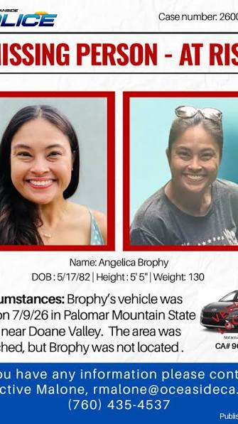 MISSING PERSON INVESTIGATION, Angelica Brophy was reported missing to the Oceanside Police Department on July 6, 2026, at approximately 9:30 p.m. Since that time, detectives have worked continuously ...