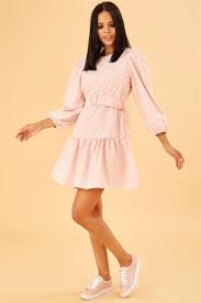 Balon Kollu Kemerli Mini Pembe Elbise Mini Elbiseler Elbise Pembe Elbiseler