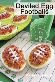 Deviled Egg Footballs Bacon Topped Deviled Eggs Decorated Like Footballs Recipe Football Party Foods Football Food Deviled Eggs