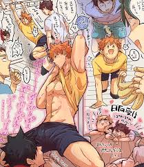 hamifunrx, bokuto koutarou, hinata shouyou, kuroo tetsurou, miya atsumu,  sugawara koushi, haikyuu!!, highres, 5boys, arms up, banana, black hair,  blonde hair, blood, clothes lift, food, fruit, grey hair, lying, male  focus, multiple