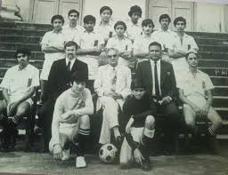1974 School Football team. L-R sitting Stephen Dobson, Milford Hennessy,  Rev. Theodore Tewari, Oscar Henderson Satwant Singh. Kneeling L-R William  Yap and Brenton Browne. Standing first row L-R Robin Haslam, T.J. Mukherjee,