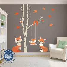 Birch Tree Wall Decal Canada Family Fox Orange 1 Birch Tree Wall Decal Forest Woodland Fox Nursery Decor Woodland Nursery Decals Woodland Nursery