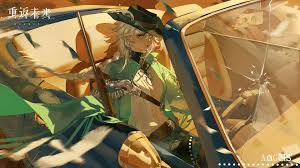 argus (reverse:1999), reverse:1999, absurdres, highres, 1girl, a yun, black  hat, blonde hair, blue pants, braid, breasts, broken glass, bullet hole,  cape, car, car seat, character name, convertible, copyright name, cowboy  hat, cowboy