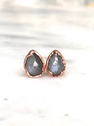 Faceted Gray Moonstone Earrings Electroformed Stone Stud Earrings Gemstone And Copper Studs Gray Moonstone Earrings Stone Studs Jewelry Polishing Cloth