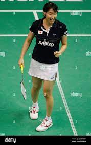 Eriko Hirose of Japan, reacts after making a point against Yihan Wang of  China, during the third round at the women single of the World Badminton  Championships in Paris, Thursday, Aug. 26,
