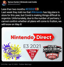 Nintendo hasn't announced exactly when it will be holding its e3 2021 direct, but it's guaranteed to happen sometime between june 12 to 15. Nintendo Direct E3 2021 Leak No Switch Pro Or Botw 2 But Splatoon 3 And Zelda Anniversary Gaming Entertainment Express Co Uk