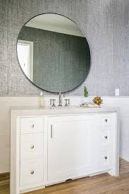 Great prices, excellent customer service. Large Round Mirror On Gray Textured Powder Room Wall Transitional Bathroom