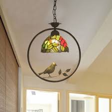 1 Light Domed Shaped Drop Pendant Mediterranean Pink Yellow Cut Glass Down Lighting With Bird Deco Beautifulhalo Com