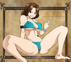 bangs barefoot bikini blue bikini breasts brown eyes brown hair cana  alberona cleavage erodraw fairy tail female grin index finger raised large  breasts long hair looking at viewer solo