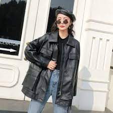 Fmfssom Spring Autumn Four Big Pocket 2020 Chic Loose Design Motobike Bf Vintage Retro Women Lady Pu Leat Leather Jacket Pu Leather Jacket Cheap Leather Jacket