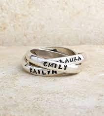Name Ring Triple Silver Stamped Nelle And Lizzy Gold Diamond Wedding Rings Unique Diamond Rings Name Rings