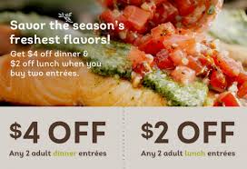 Maybe you would like to learn more about one of these? Olive Garden Coupons 4 Off 2 Dinner Entrees 2 Off 2 Lunch Entrees