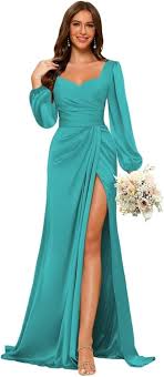 Amazon.com: Dessiny Aqua Blue Long Sleeve Bridesmaid Dresses for Women 2025  High Slit Satin Long Ruched Sweetheart Formal Gown Evening Dresss US0 :  Clothing, Shoes & Jewelry