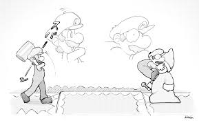 kamek, luigi, magikoopa, mario, mario & luigi: superstar saga, mario  & luigi rpg, mario (series), nintendo, highres, translation request,  3boys, attack, brothers, comic, facial hair, gloves, hammer, hat, multiple  boys, mustache, overalls,