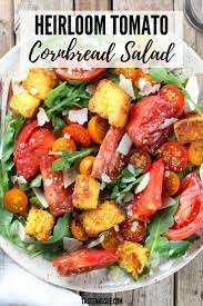 This Heirloom Tomato Cornbread Salad Is Easy Fresh And Delish Summer Salad Heirloom Tomatoes Homemade Cor Cornbread Salad Salad Recipes Homemade Cornbread