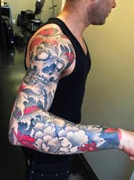 Skull and purple flowers japanese tattoo design. Flower Japanese Skull Sleeve Tattoo By Dalmiro Tattoo