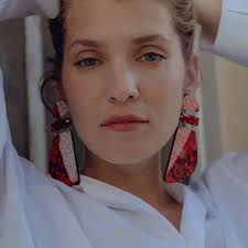 Red Chords: Large Long Lightweight Statement Earrings, Asymmetrical  Handcrafted Print; Crystal Accents; ONE LEV COLLECTION