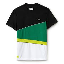 In detail, you can wear a mint green v neck t shirt with a pair of lemon yellow elastic waist mini linen shorts. Lacoste Sport Mens Tennis Colourblock T Shirt Black Green White Tennisnuts Com