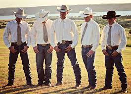 Jeans White Shirts Ties And Cowboy Hats Classy Western Wedding Wear For Men Westernwedding Countr Country Groomsmen Country Wedding Photos Cowboy Wedding