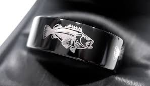 Bass Fish Ring Black Tungsten Ring Mens Tungsten Ring Mens Wedding Band Ring Tungsten Mens Rings Black Tungsten Rings Tungsten Wedding Bands