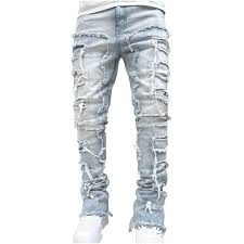 Mens Ripped Stretch Denim Casual Slim Fit Distressed Plaid Pattern Skinny  Biker Jeans Zip Button Elastic Waist Pants at Amazon Men’s Clothing store